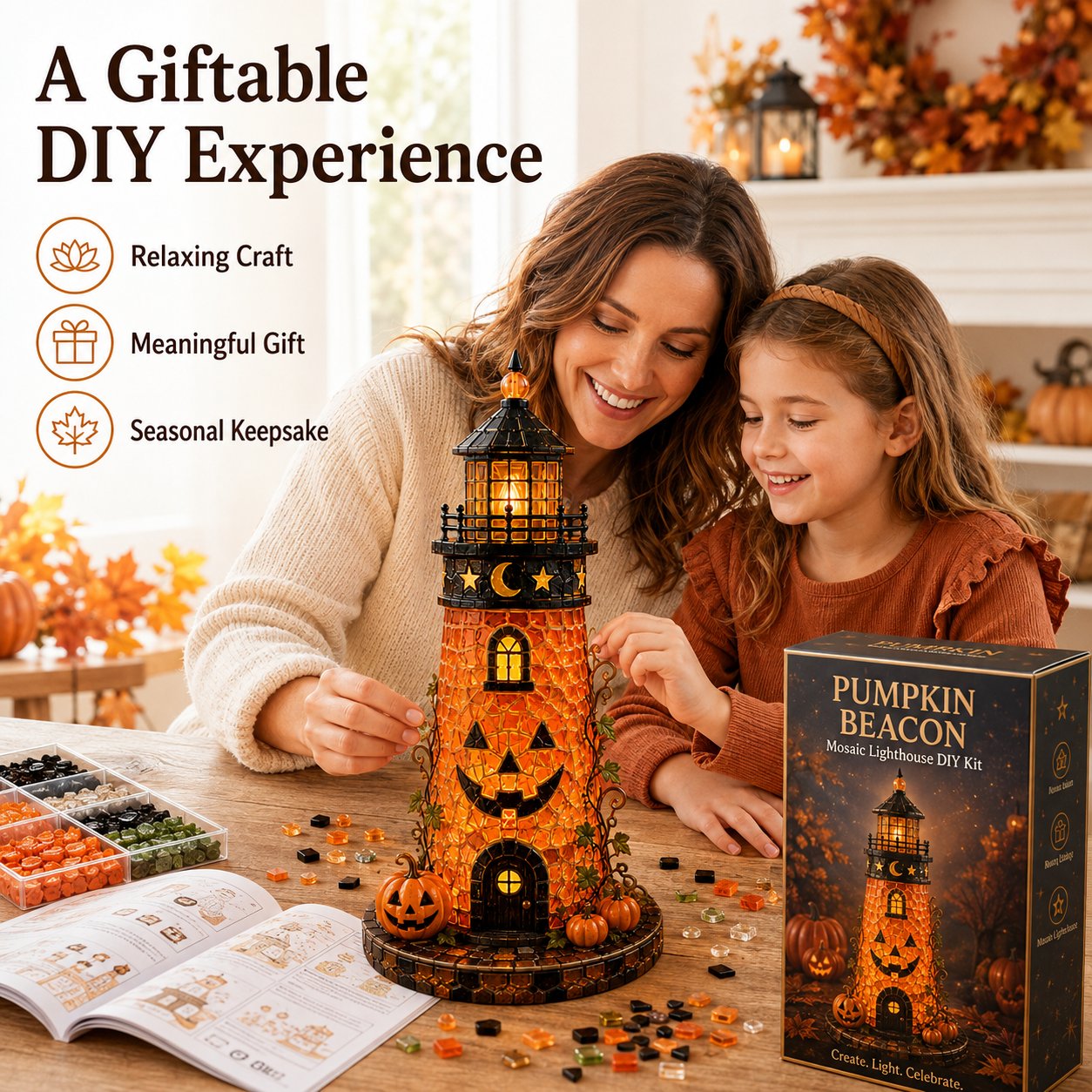 🎃 Beginner-Friendly Lighted Halloween Lighthouse DIY Kit – Sea Glass-Style Mosaic Collection