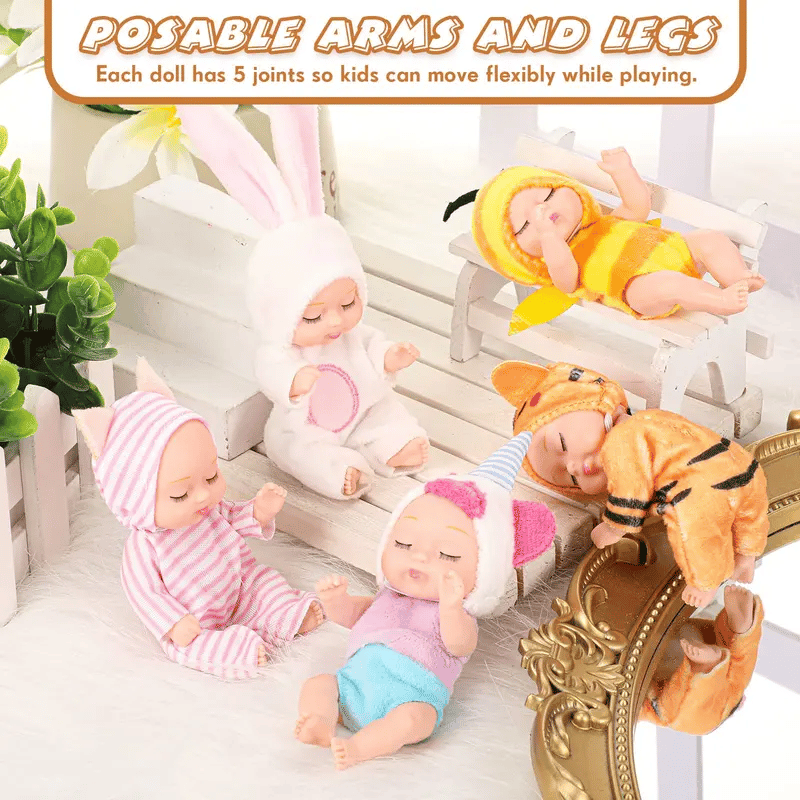 🐰 Funny Baby Pose & Play Dolls – Bend, Dress & Smile! 👶✨6-Piece Poseable Tiny Dolls with Removable Costumes