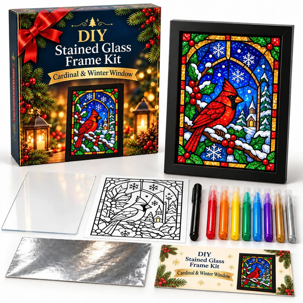 ⏳ Last Day 49% OFF – 🎄Beginner-Friendly Christmas Stained Glass-Style Frame Kit | 8 Festive Designs with Pens, Foil & Frame ✨