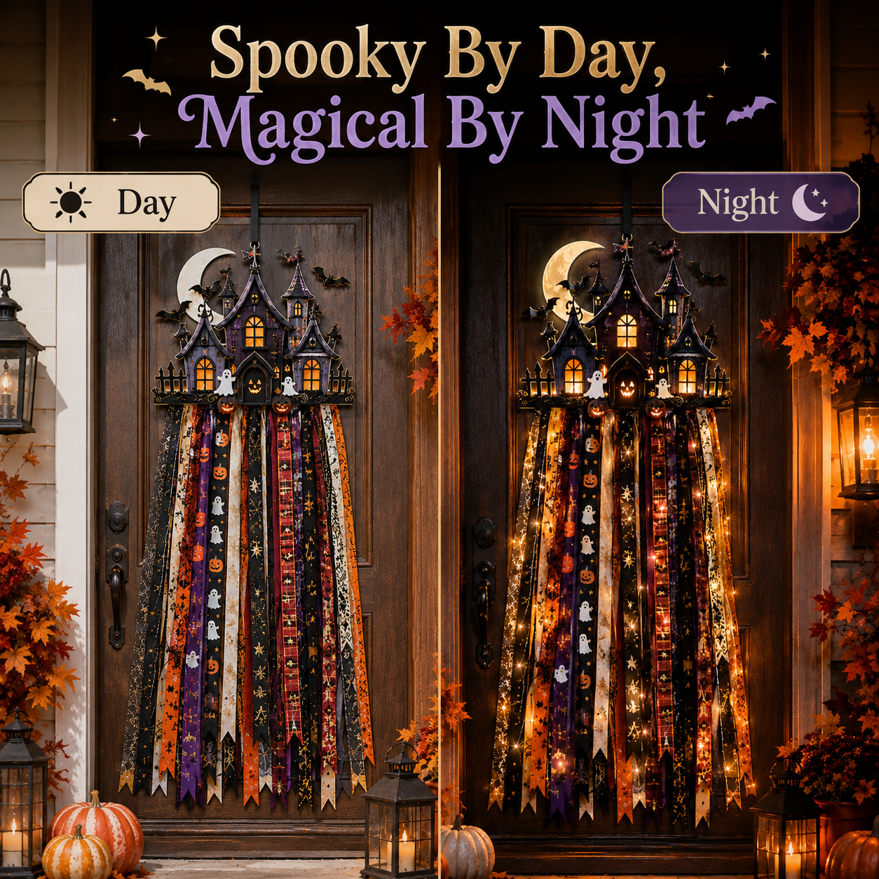 🎃 Lighted Halloween Ribbon Cascade™ – Handmade Door & Porch Decor