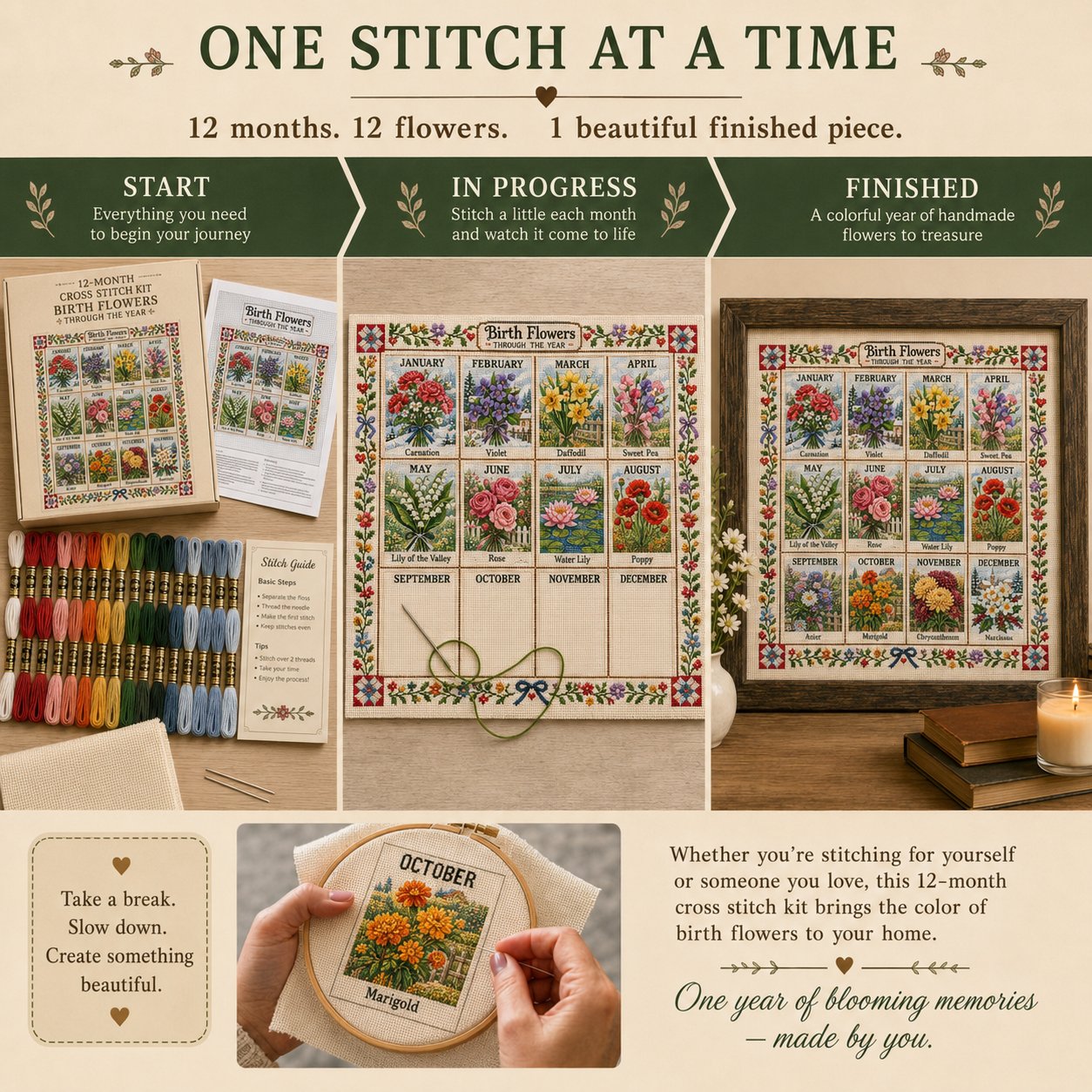 🧵 Beginner-Friendly 12-Month Seasonal Embroidery DIY Kit | 8 Theme Collections with Pre-Printed Fabric, Floss, Needles & Complete Stitching Guide Included 💕