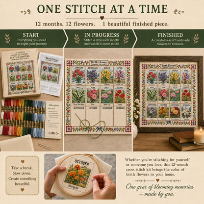 🧵 Beginner-Friendly 12-Month Seasonal Embroidery DIY Kit | 8 Theme Collections with Pre-Printed Fabric, Floss, Needles & Complete Stitching Guide Included 💕