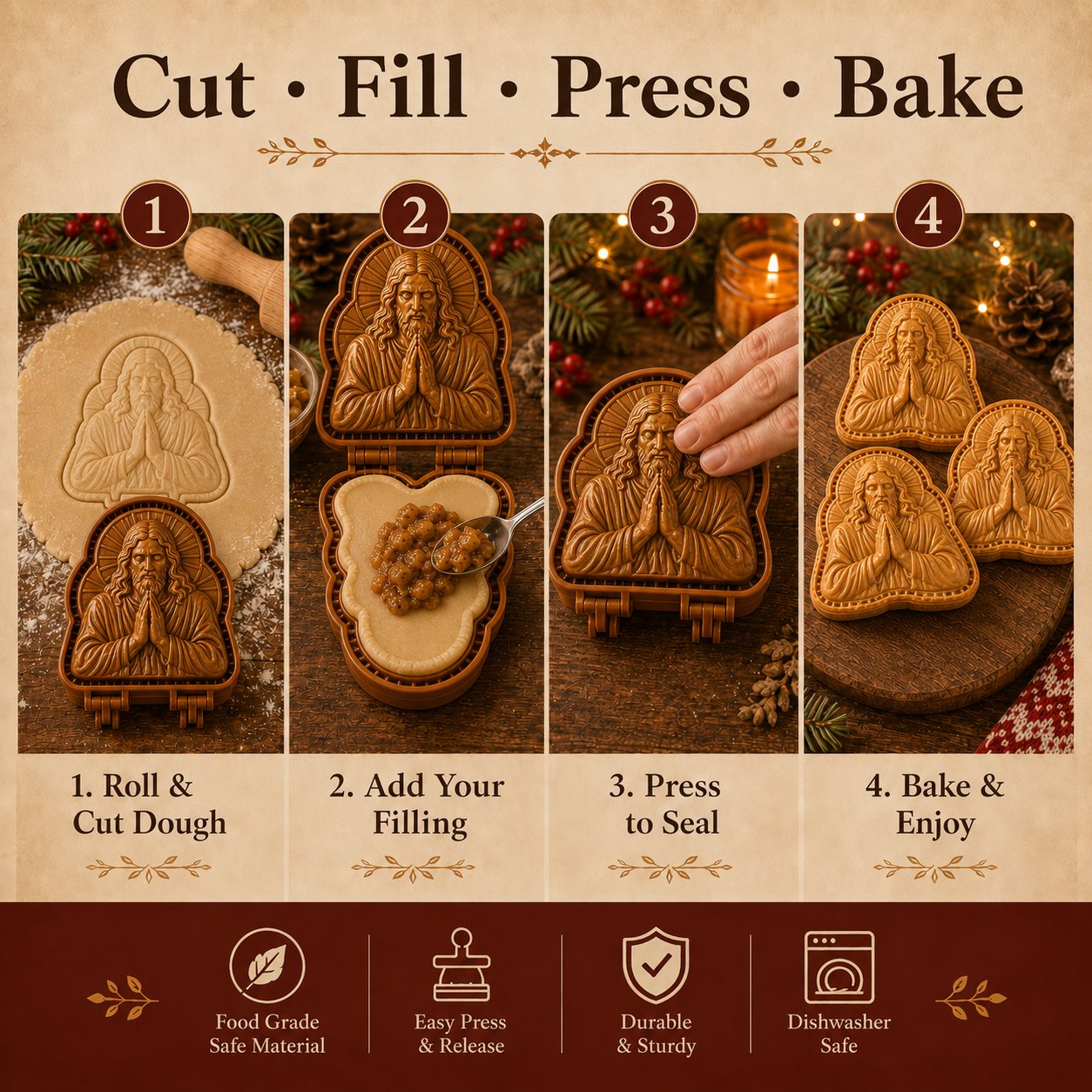 ✝️ Faith & Nativity Christmas Mini Pie Mold Collection | Reusable Embossed Molds for Shaping Detailed Praying Jesus, Nativity Stable and so on Pies🥧✨