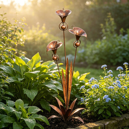 🌿Flamed Copper Three Calla Lilies Garden Stake with Bells