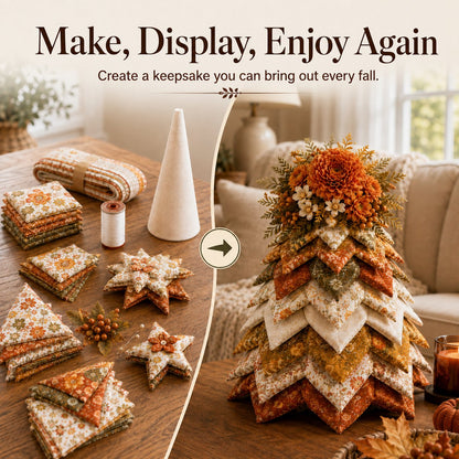 🍂 Beginner-Friendly DIY Fabric Patchwork Fall Tree Kit | Coordinated Autumn Fabrics, Cone Base, Securing Pins & Floral Topper Included 🌼✨