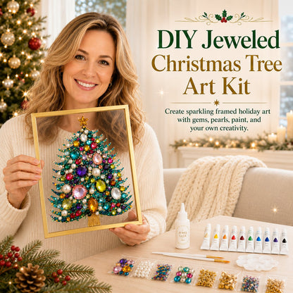 🔥 LAST DAY 49% OFF – 🎄 DIY Jeweled Christmas Tree Art Kit | Colorful Gems, Pearls, Paints & Gold-Tone Floating Display Frame 💎✨