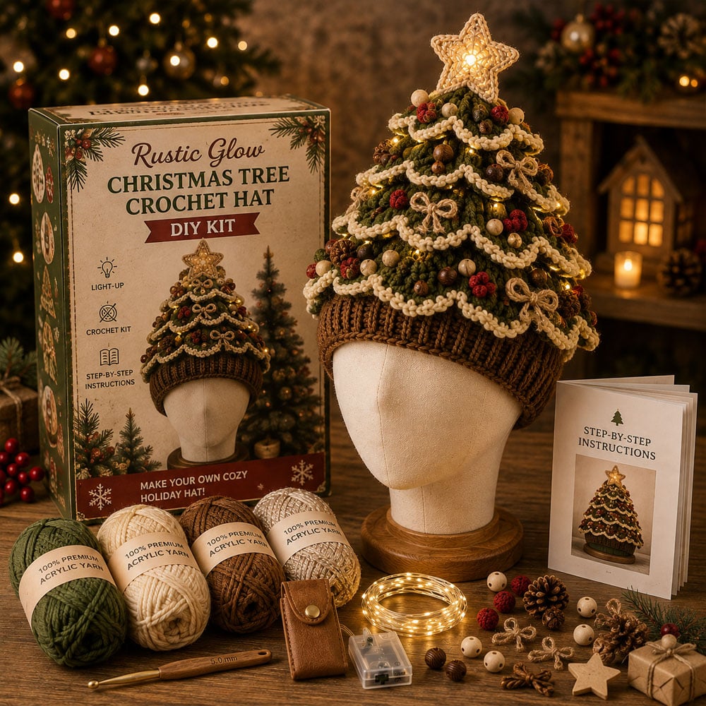 ⏳ Last Day 49% OFF – 🎄Beginner-Friendly Light-Up Christmas Tree Crochet Hat DIY Kit | Complete Kit with Coordinated Yarn, LED Lights & Step-by-Step Guide Included 💕