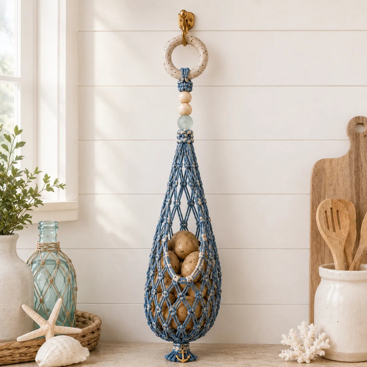 🌊🥔 Coastal Hanging Produce Storage – Handwoven Breathable Organizer with Easy Side Access