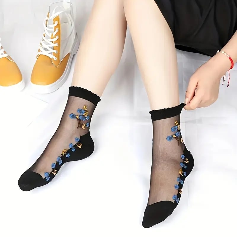 🌸10 Pairs Floral Pattern Glass Stockings 💐 - Bright Color Mid-Tube Socks, Soft Breathable & All-Day Comfort