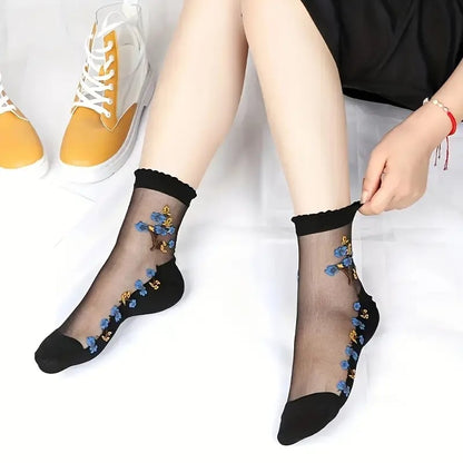 🌸10 Pairs Floral Pattern Glass Stockings 💐 - Bright Color Mid-Tube Socks, Soft Breathable & All-Day Comfort
