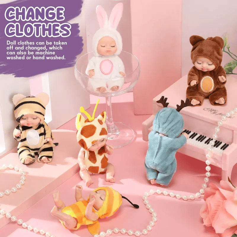 🐰 Funny Baby Pose & Play Dolls – Bend, Dress & Smile! 👶✨6-Piece Poseable Tiny Dolls with Removable Costumes