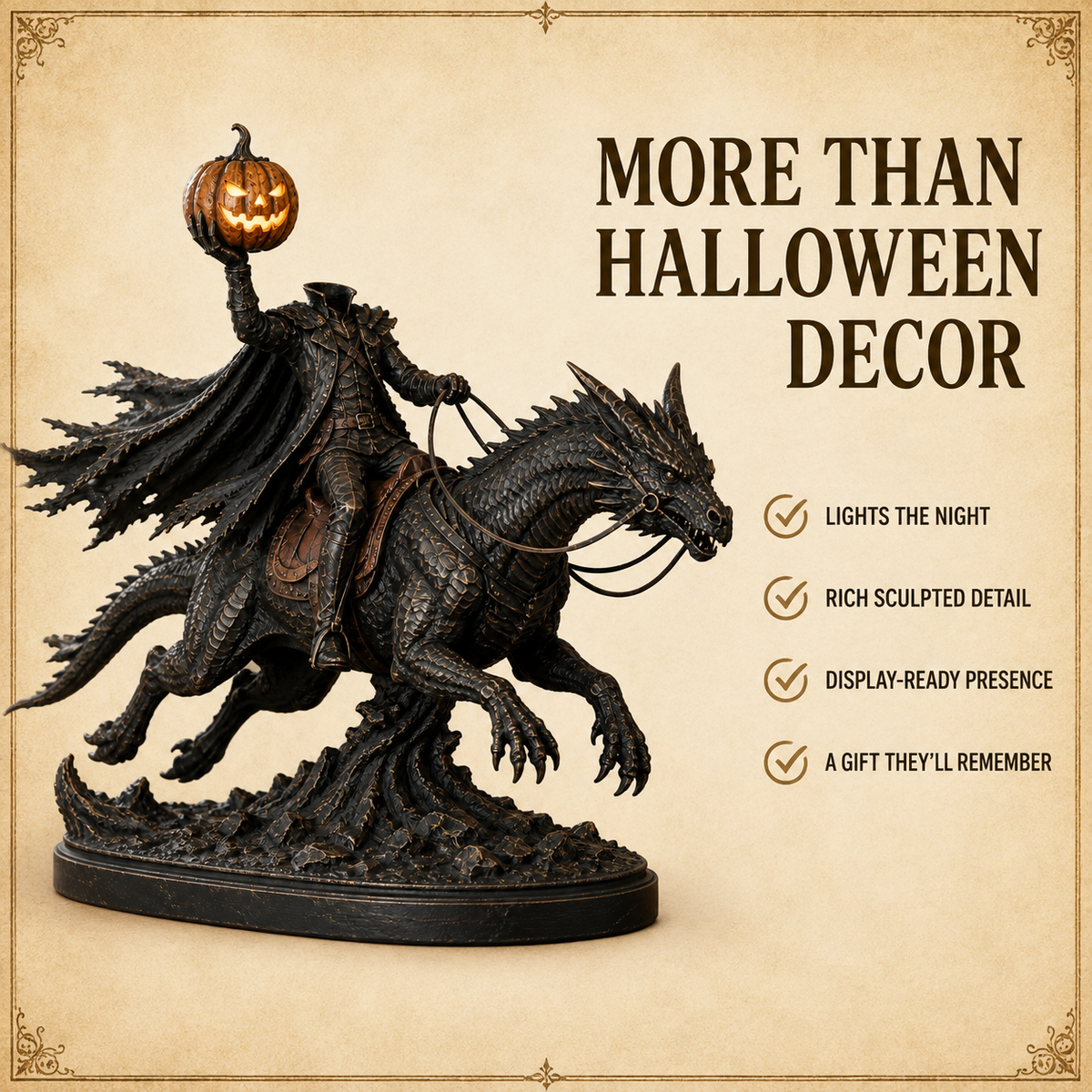 🎃 Headless Horseman on Dragon Statue – Gothic Halloween Figurine & Dark Fantasy Home Decor