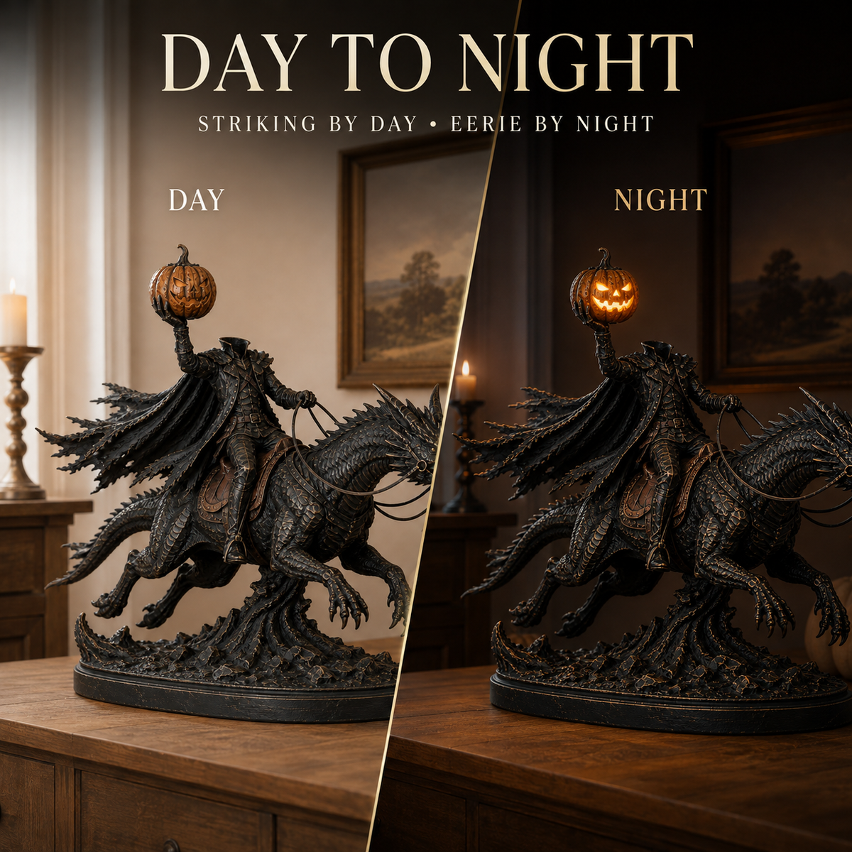 🎃 Headless Horseman on Dragon Statue – Gothic Halloween Figurine & Dark Fantasy Home Decor