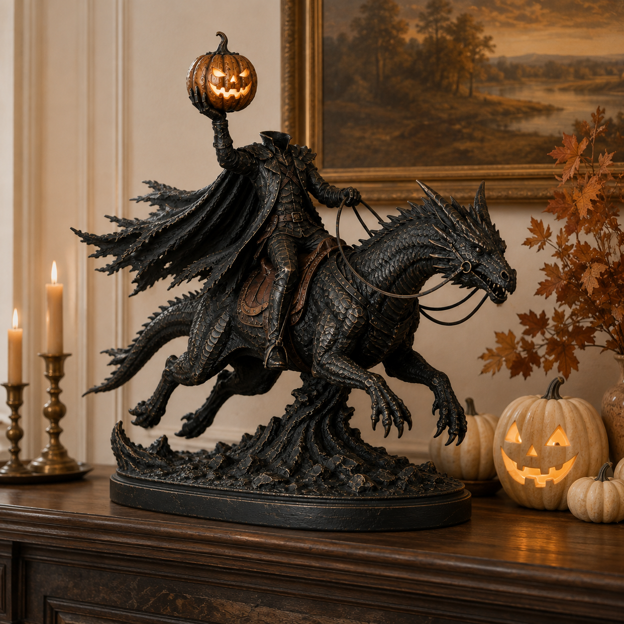 Headless Horseman dragon statue in Halloween display