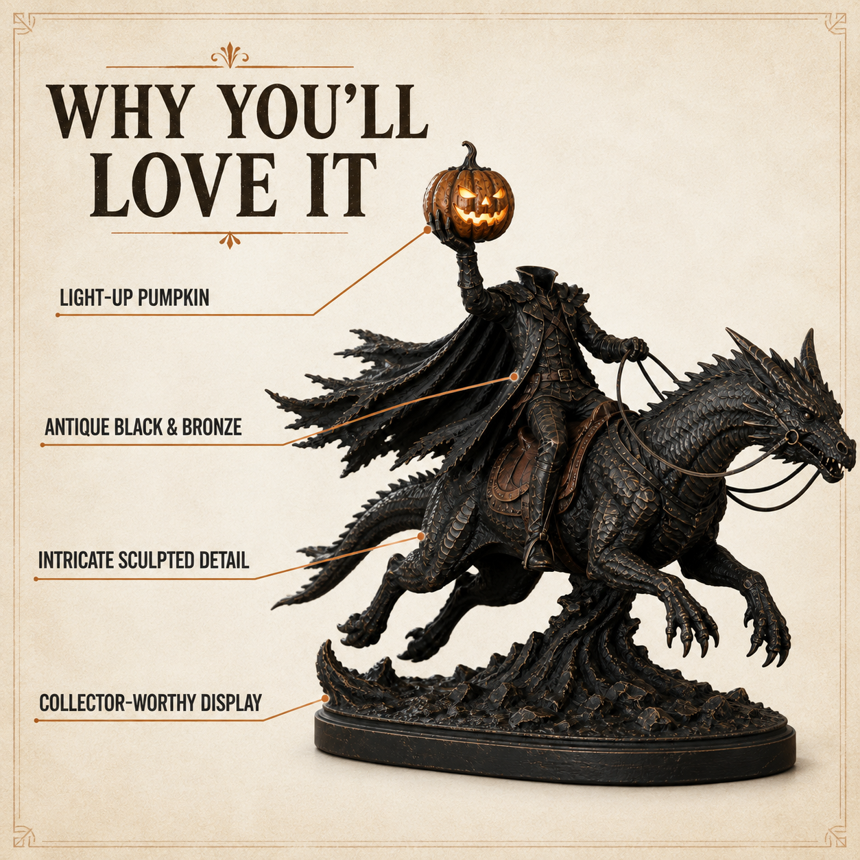 Headless Horseman dragon statue details and features