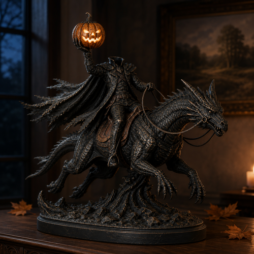 🎃 Headless Horseman on Dragon Statue – Gothic Halloween Figurine & Dark Fantasy Home Decor