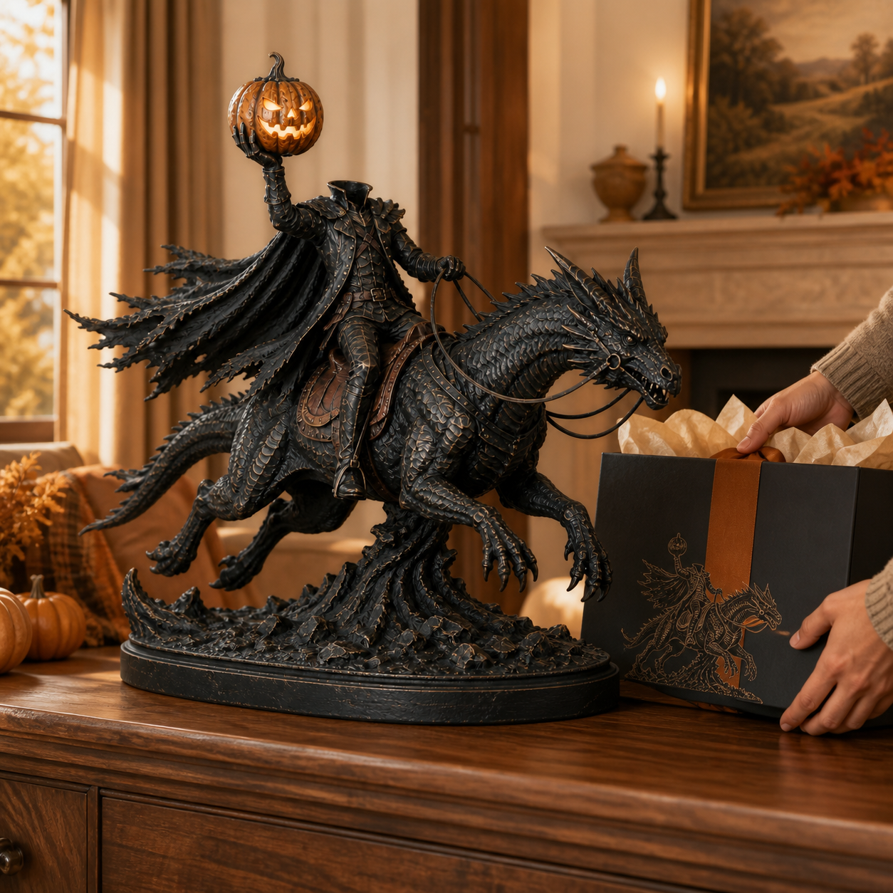 🎃 Headless Horseman on Dragon Statue – Gothic Halloween Figurine & Dark Fantasy Home Decor