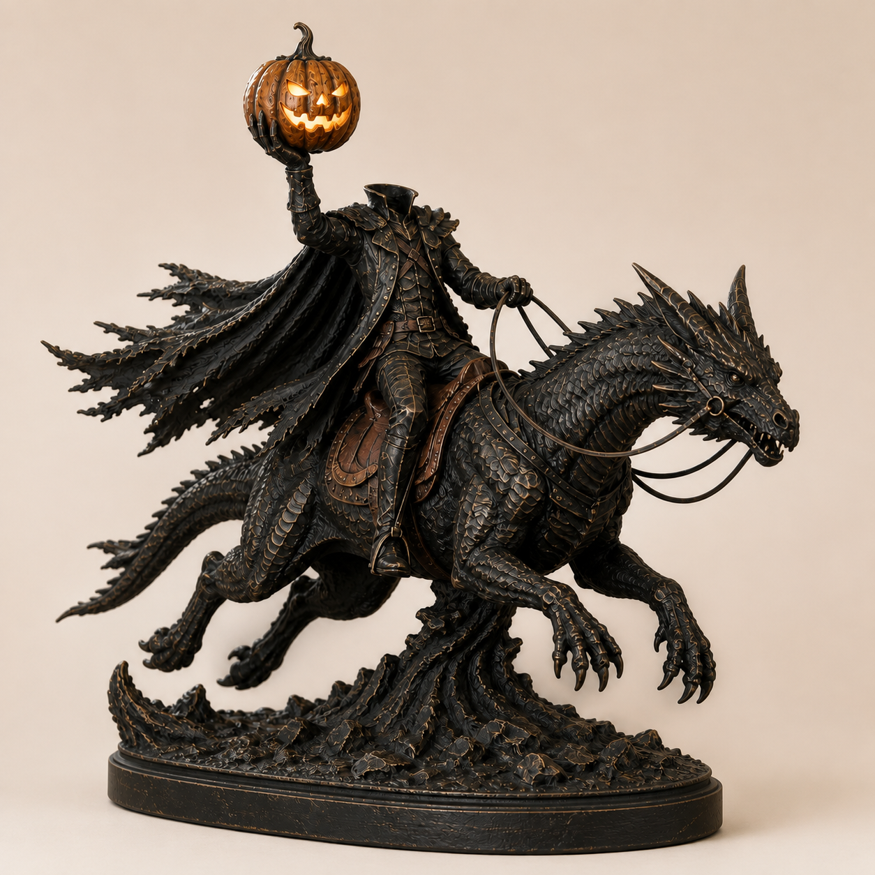 🎃 Headless Horseman on Dragon Statue – Gothic Halloween Figurine & Dark Fantasy Home Decor