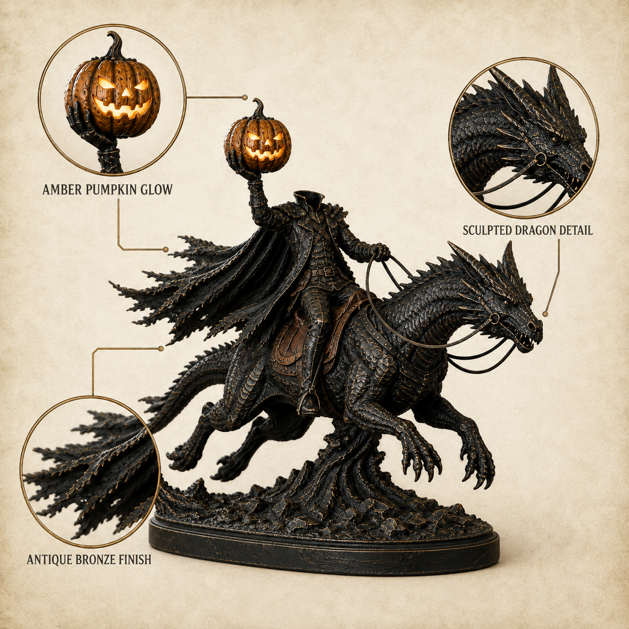 Close-up details of Headless Horseman dragon sculpture