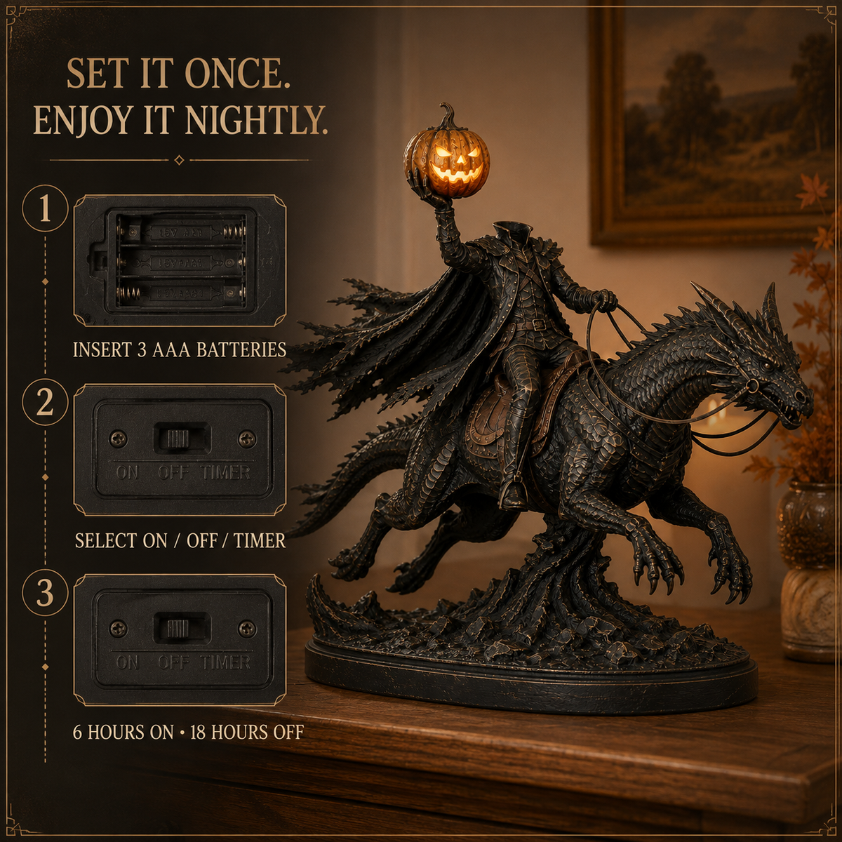 🎃 Headless Horseman on Dragon Statue – Gothic Halloween Figurine & Dark Fantasy Home Decor