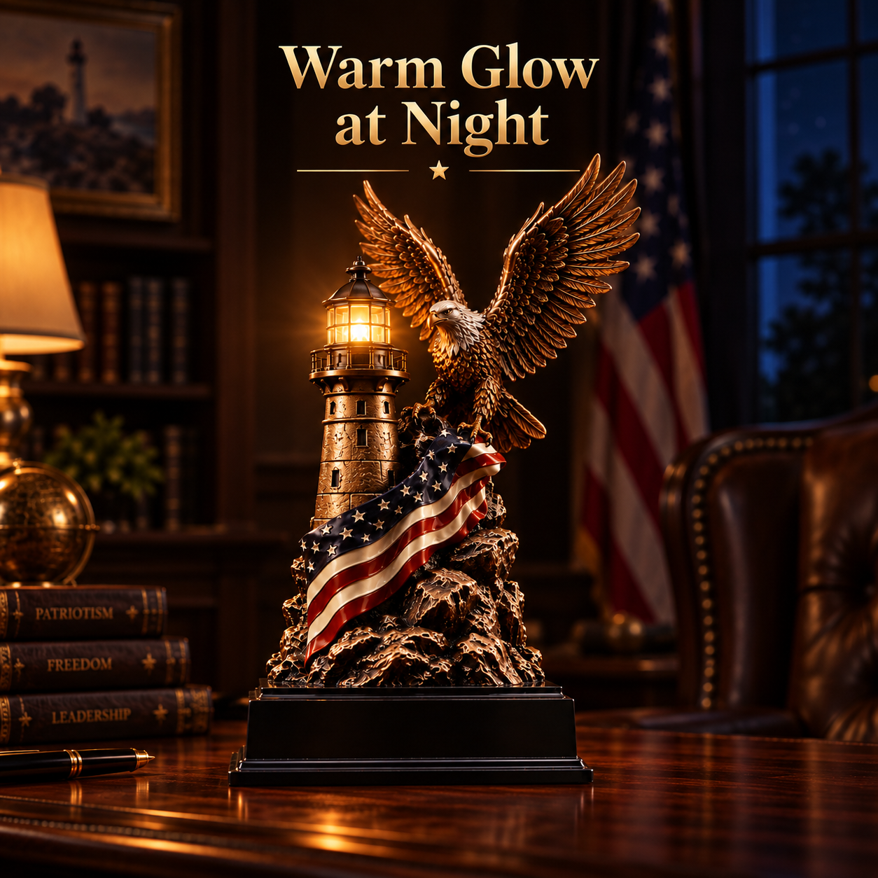 Lighted eagle and lighthouse sculpture glowing at night