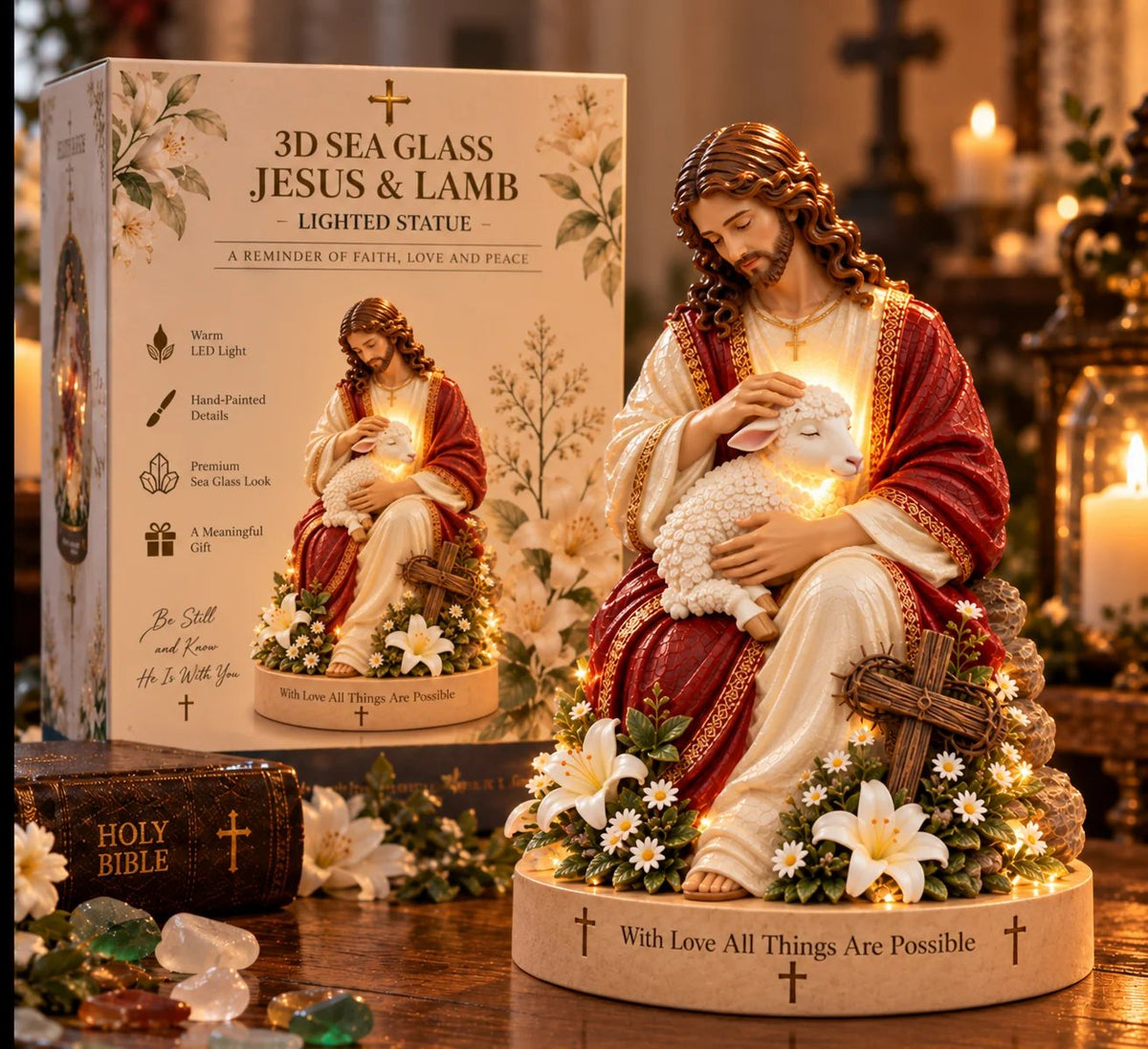 ✝️🔥 50K+ Sold! 👼 Jesus & Lamb Lighted Sea Glass Statue — A Beautiful Symbol of Faith