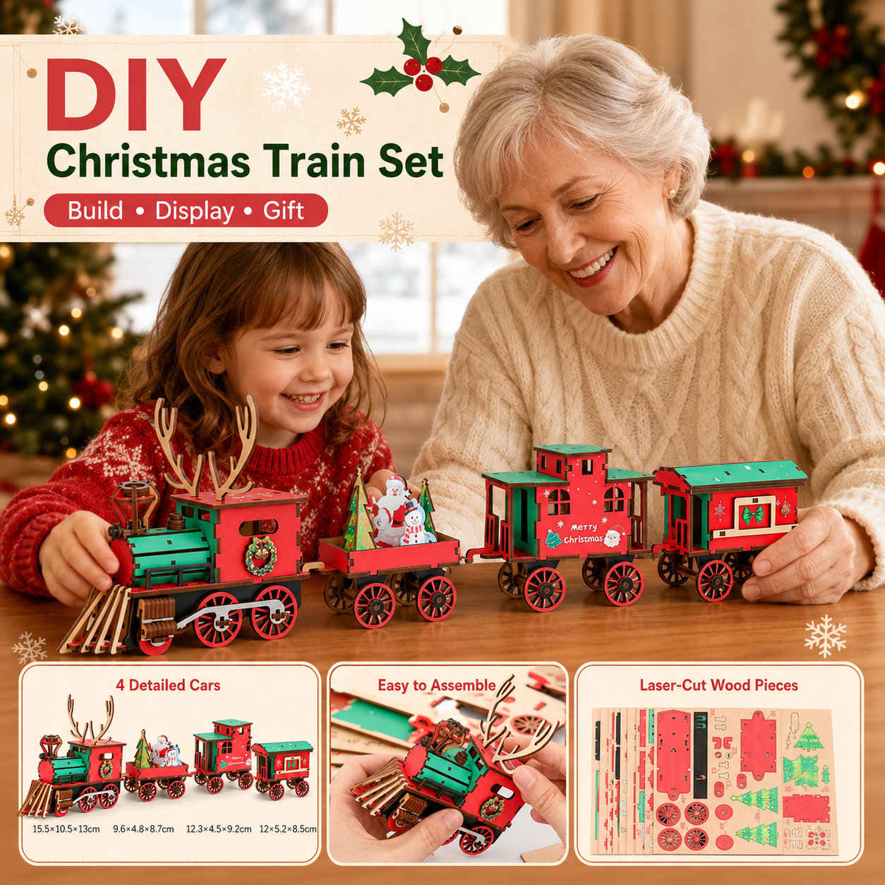 🎄LAST DAY 50% OFF – DIY Christmas Wooden Train Set 3D Assembly Puzzle Kit🚂
