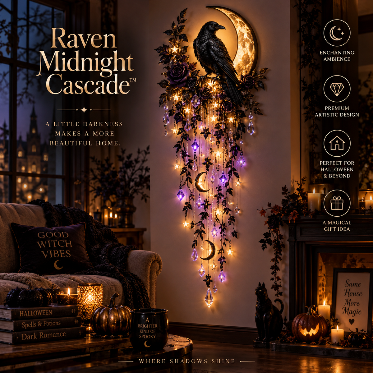 Raven Midnight Halloween cascade wall light