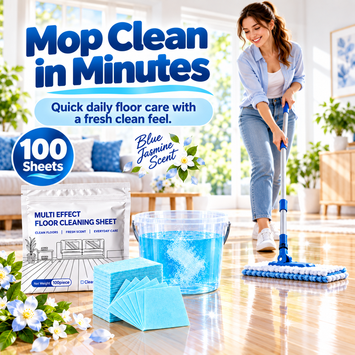 100 PCS 🧼 Dissolvable Floor Cleaning Sheets – Just Add Water & Mop🍀