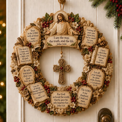 ✝️ Jesus Scripture Wreath | Handcrafted Christian Wood Décor with Bible Verses, Hanging Cross & Faith-Inspired Vintage Details 🙏