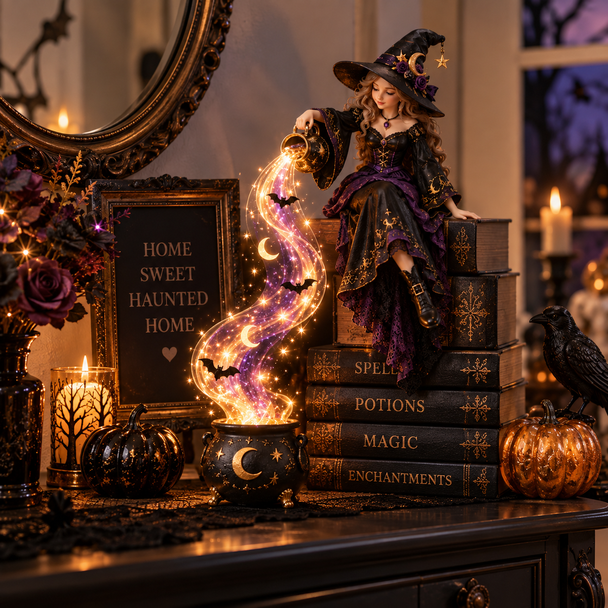 Halloween Magic Shelf Decor styled in a haunted home