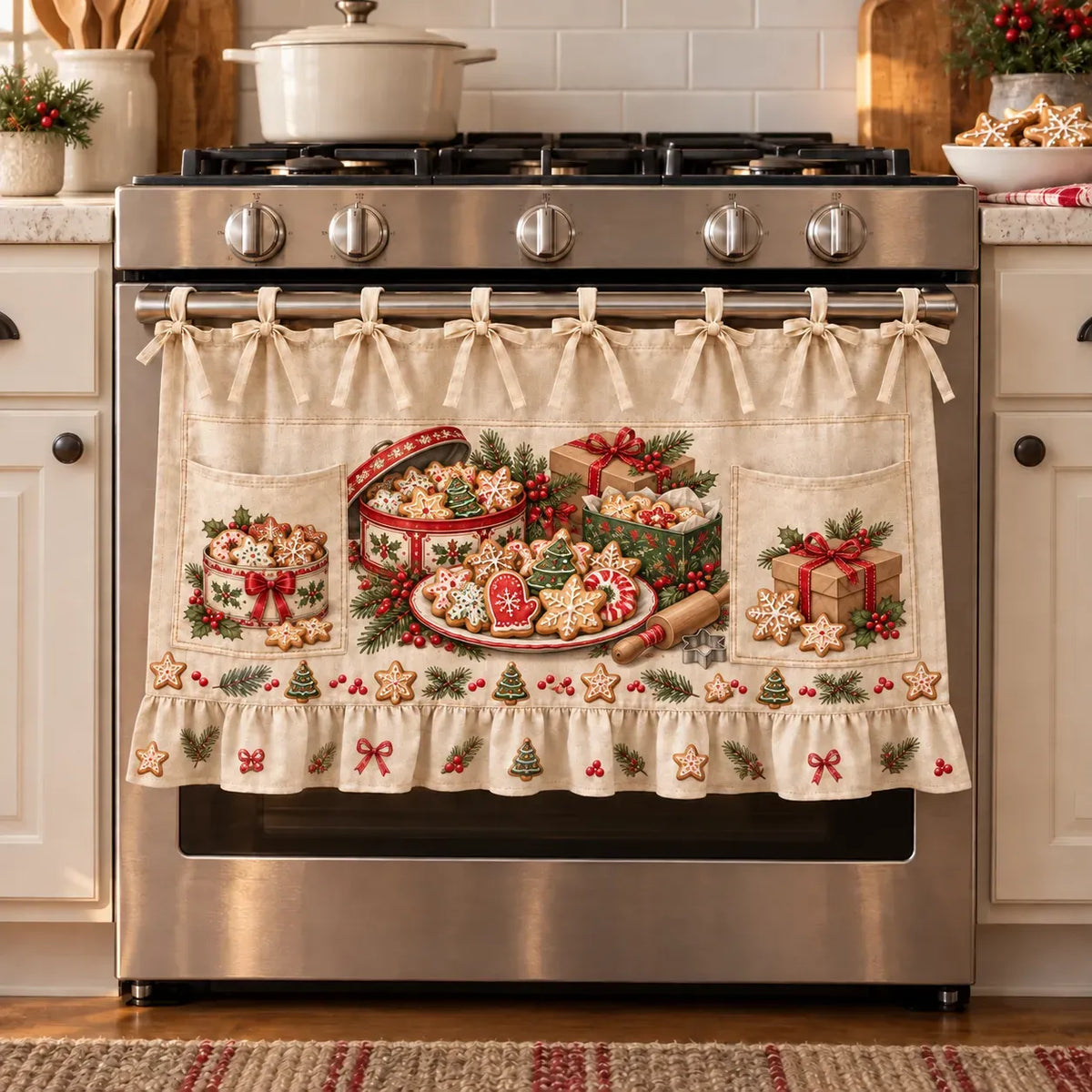 ⏳ Last Day 49% OFF – 🎄 Christmas Kitchen Tie-On Skirt | Festive Holiday Designs with Pockets & Ruffled Trim ✨