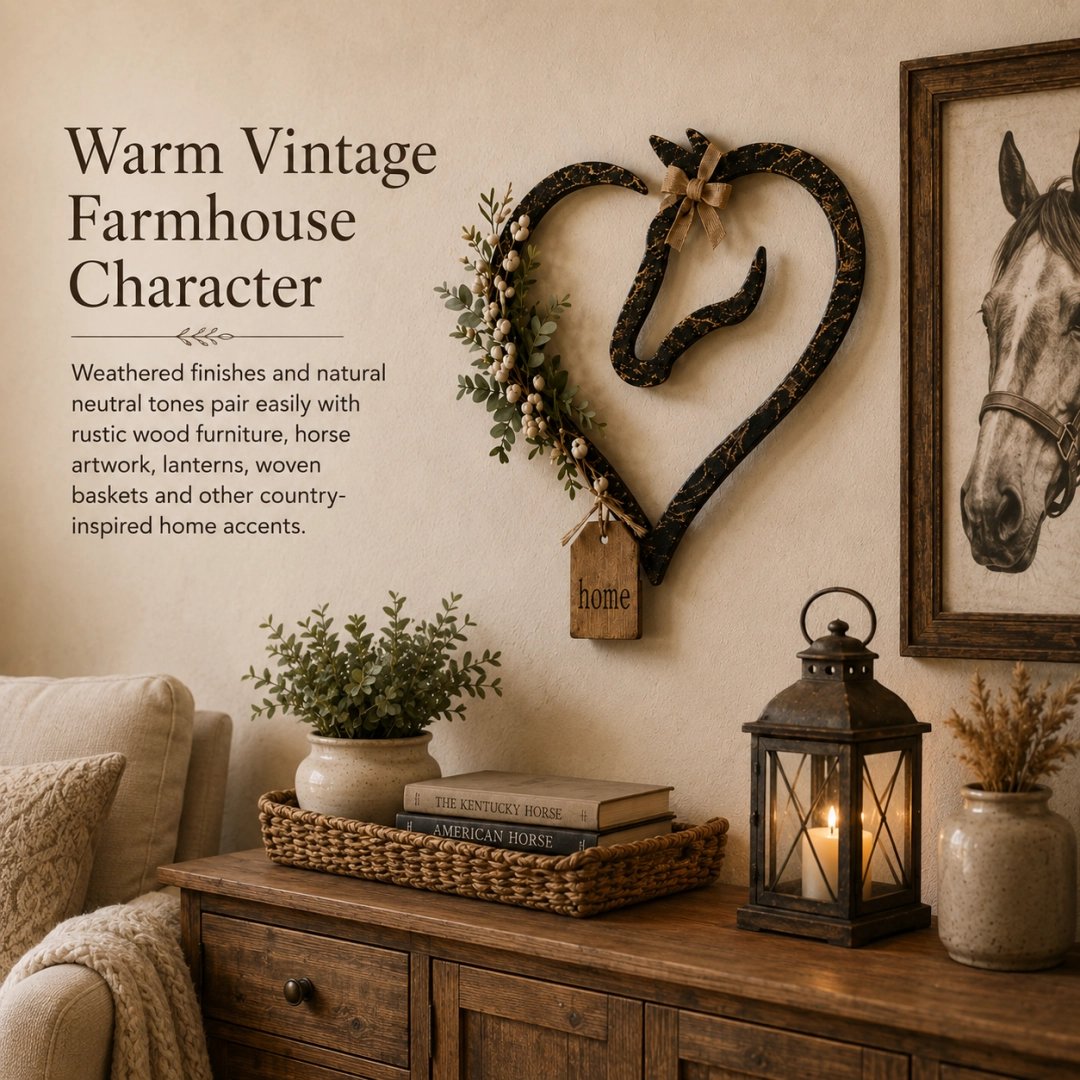 Rustic Horse Heart Wall Decor with Greenery – Farmhouse Equestrian Home Accent
