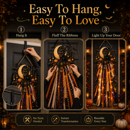 🎃 Lighted Halloween Ribbon Cascade™ – Handmade Door & Porch Decor