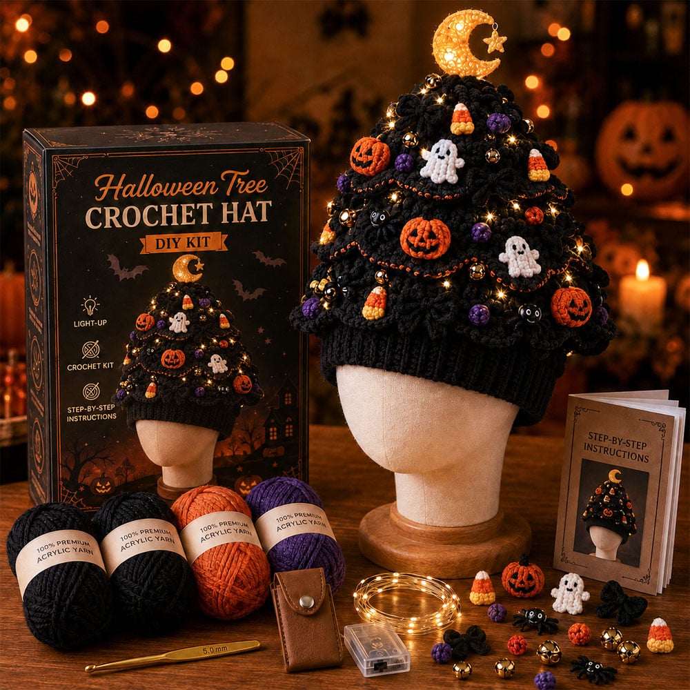 ⏳ Last Day 49% OFF – 🎄Beginner-Friendly Light-Up Christmas Tree Crochet Hat DIY Kit | Complete Kit with Coordinated Yarn, LED Lights & Step-by-Step Guide Included 💕