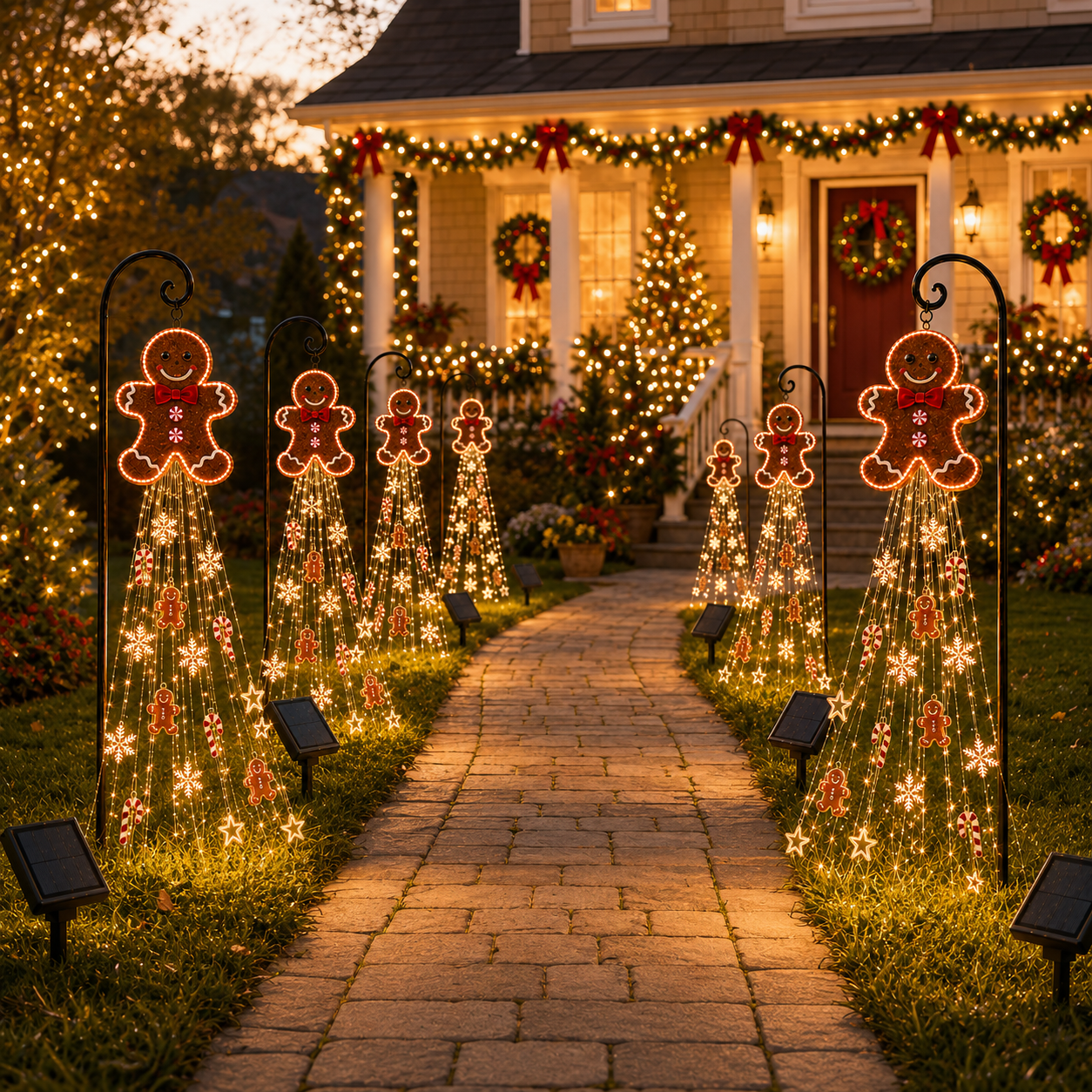 Multiple Gingerbread Starfall lights along walkway