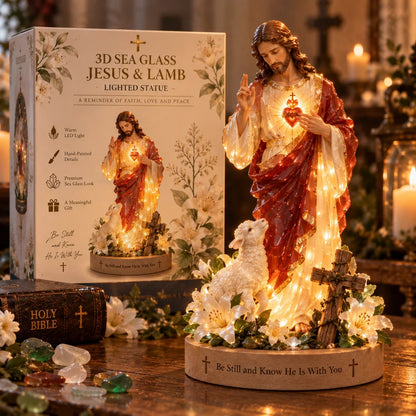 ✝️🔥 50K+ Sold! 👼 Jesus & Lamb Lighted Sea Glass Statue — A Beautiful Symbol of Faith