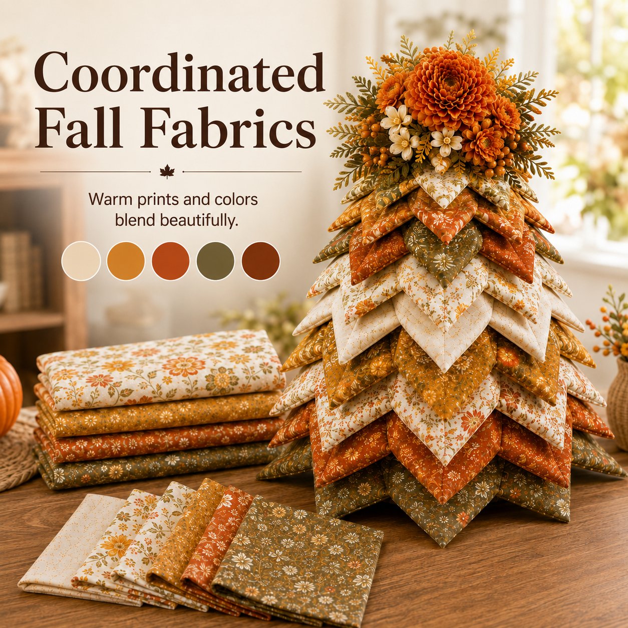 🍂 Beginner-Friendly DIY Fabric Patchwork Fall Tree Kit | Coordinated Autumn Fabrics, Cone Base, Securing Pins & Floral Topper Included 🌼✨