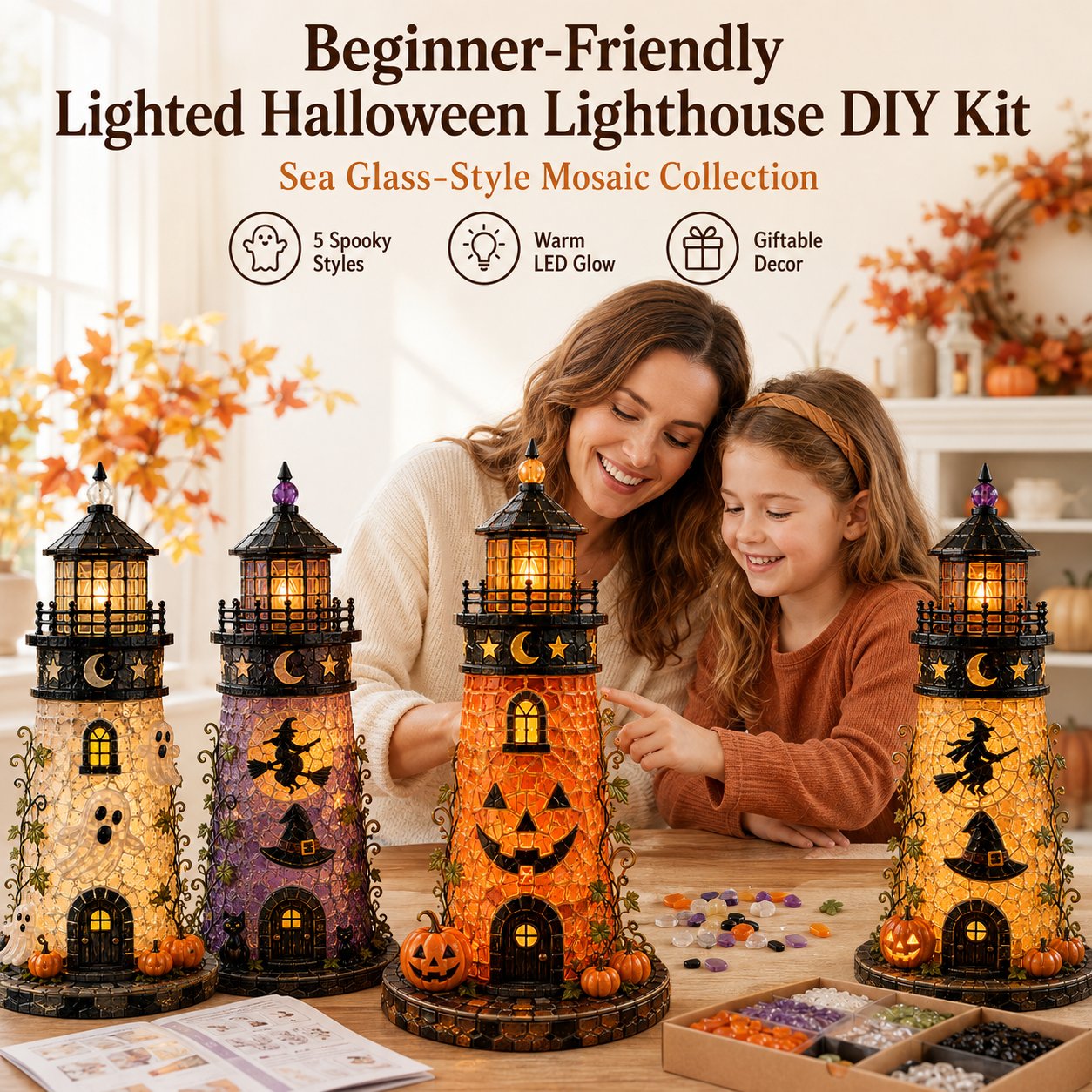 🎃 Beginner-Friendly Lighted Halloween Lighthouse DIY Kit – Sea Glass-Style Mosaic Collection