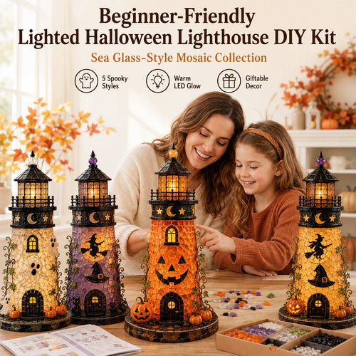 🎃 Beginner-Friendly Lighted Halloween Lighthouse DIY Kit – Sea Glass-Style Mosaic Collection