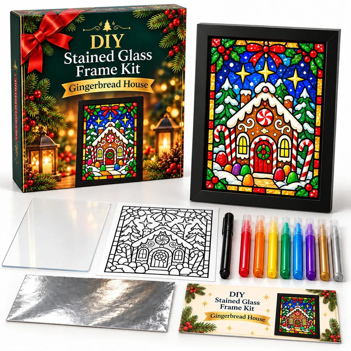 ⏳ Last Day 49% OFF – 🎄Beginner-Friendly Christmas Stained Glass-Style Frame Kit | 8 Festive Designs with Pens, Foil & Frame ✨