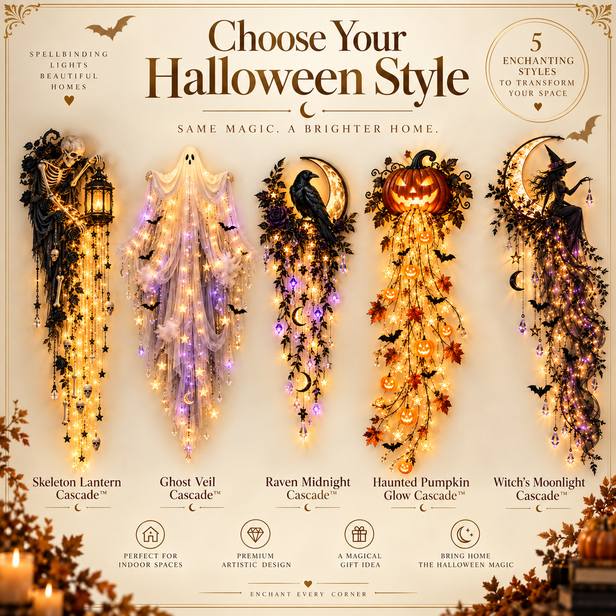 Five Halloween cascade wall light styles