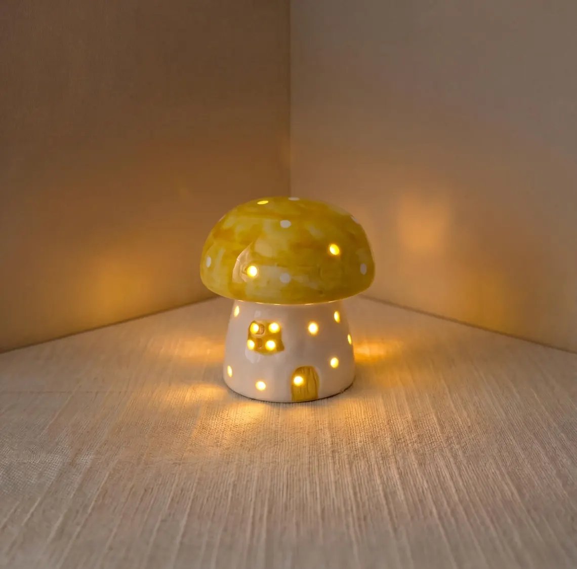 Mushroom Ceramic Night Light, Handmade Glowing Mushroom House Lamp