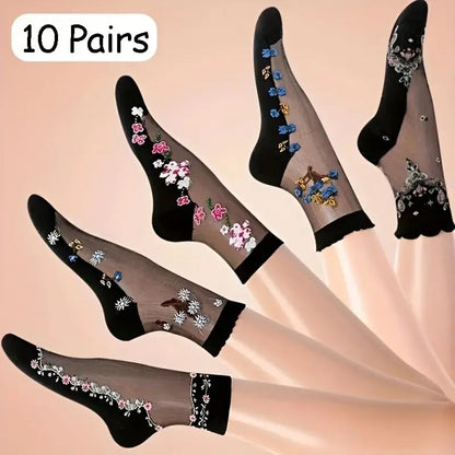 🌸10 Pairs Floral Pattern Glass Stockings 💐 - Bright Color Mid-Tube Socks, Soft Breathable & All-Day Comfort