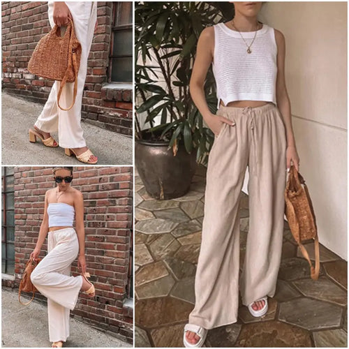 2026 SummerVibes-Women's Cotton Linen Summer Palazzo Pants Flowy Wide Leg Beach Trousers