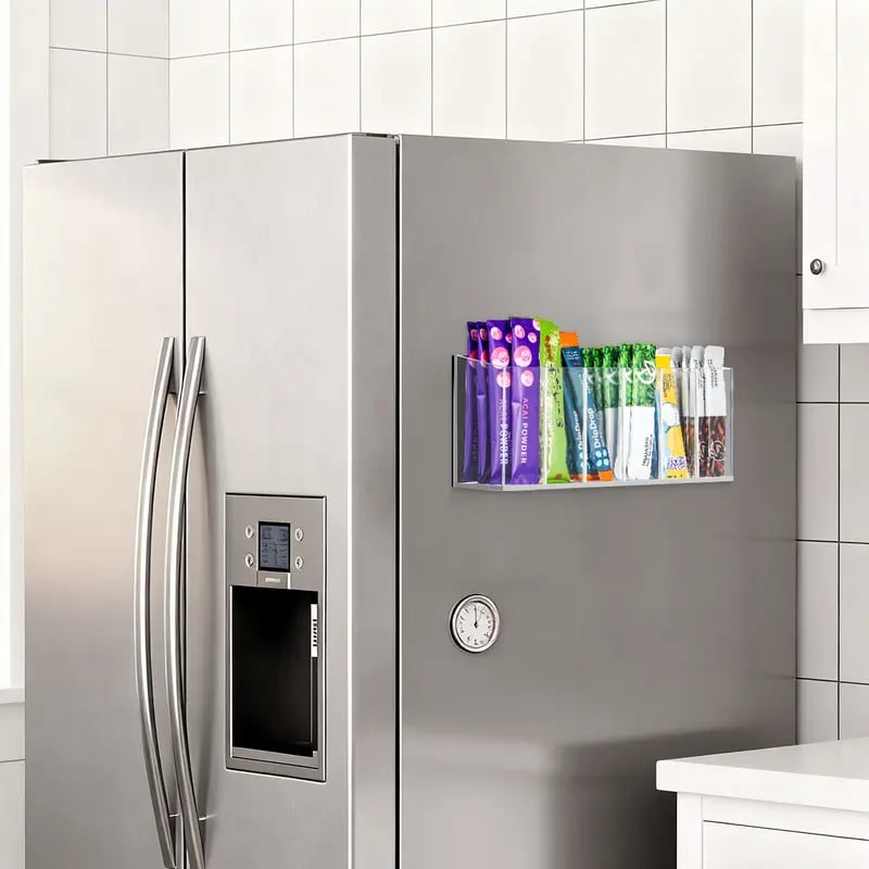 🥤 Drink Packet Organizer – Wall-Mount Kitchen Storage Holder with Adhesive & Magnetic Installation for Countertop, Fridge & Cabinet