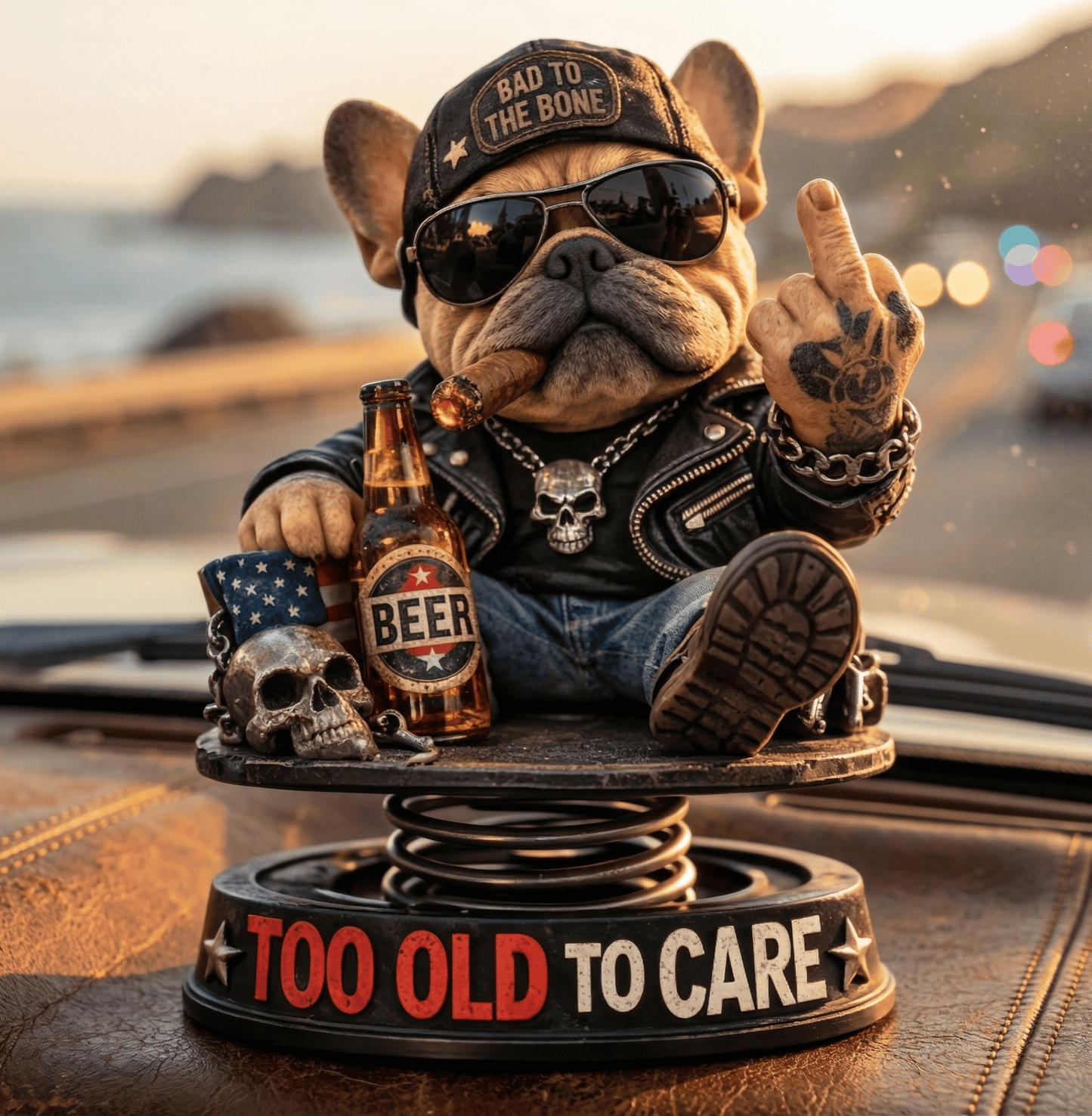 "Too Old To Care" Hardcore Frenchie Dashboard Bobblehead😎 - Rebellious Bulldog Car Decor