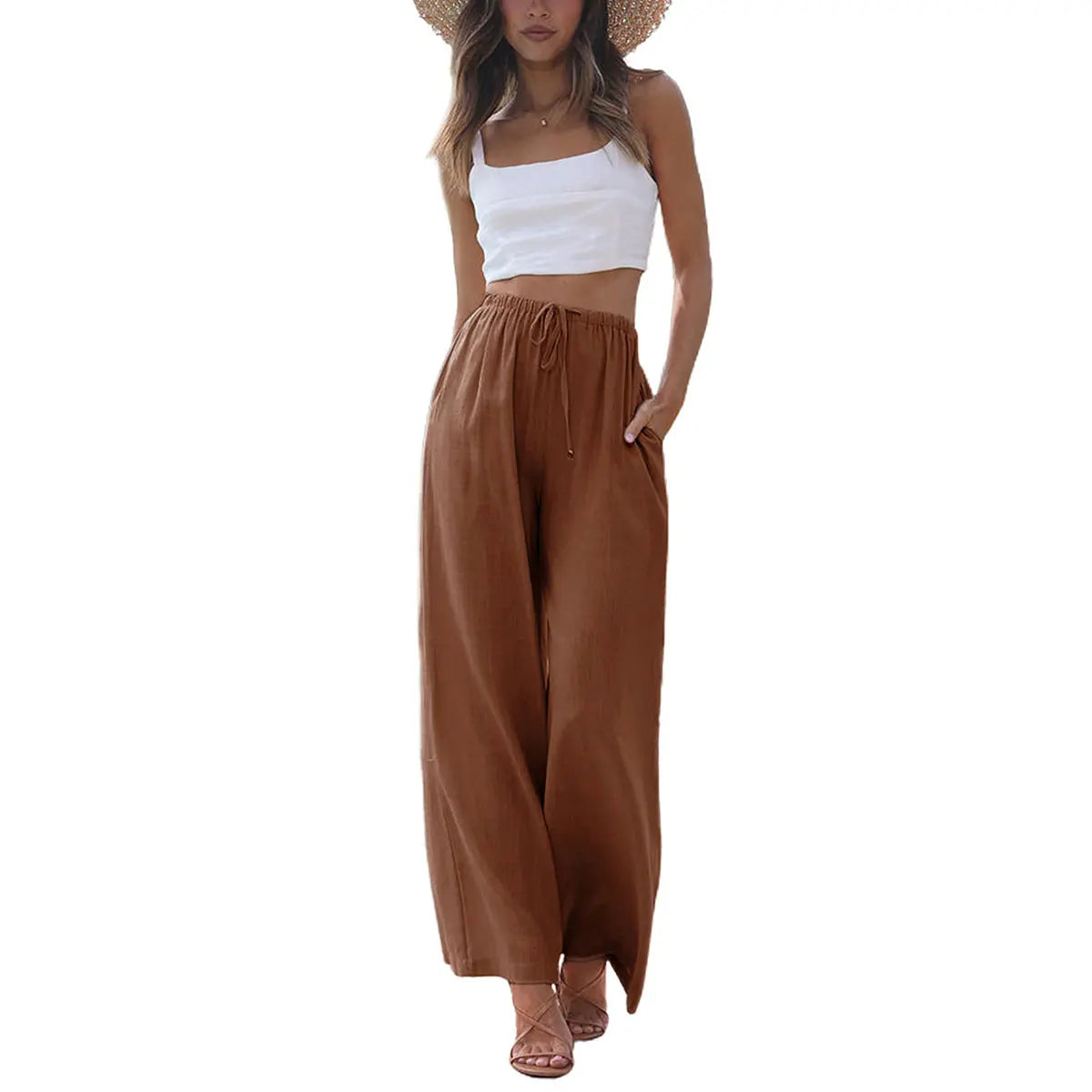2026 SummerVibes-Women's Cotton Linen Summer Palazzo Pants Flowy Wide Leg Beach Trousers