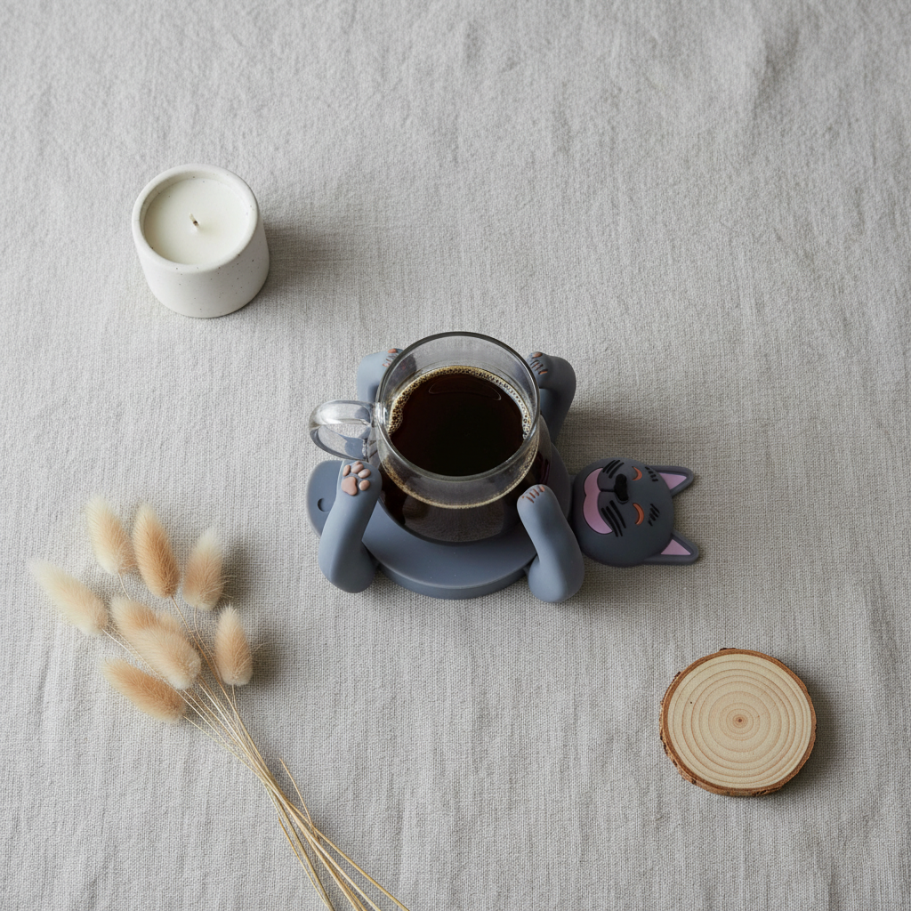 Grey Cat Coaster - Scandinavian Flatlay