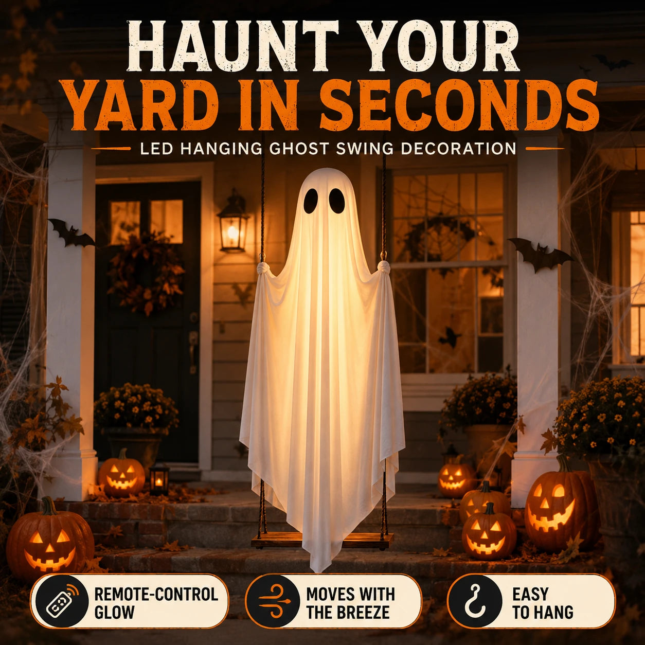 Glowing hanging ghost swing displayed on a Halloween front porch